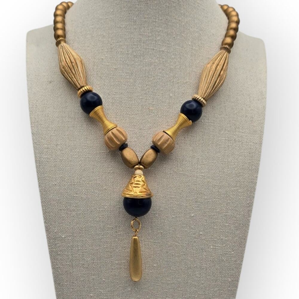 Navy & Gold Ornate Necklace Drop Pendant Mediterranean